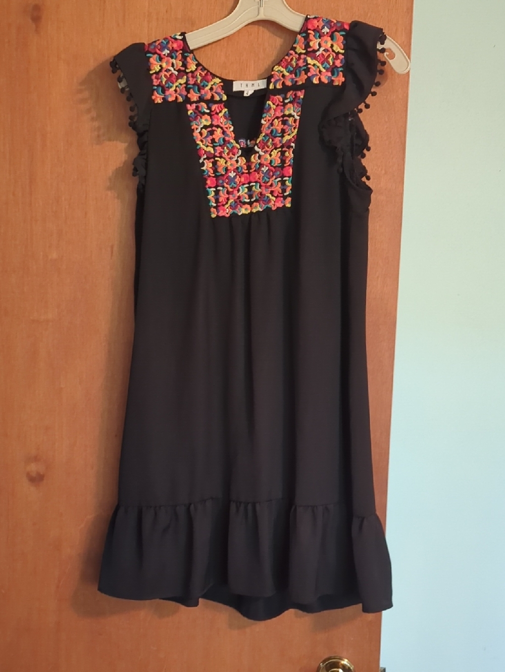 THML Black Kids Dress with Multicolor Embroidered Yoke
